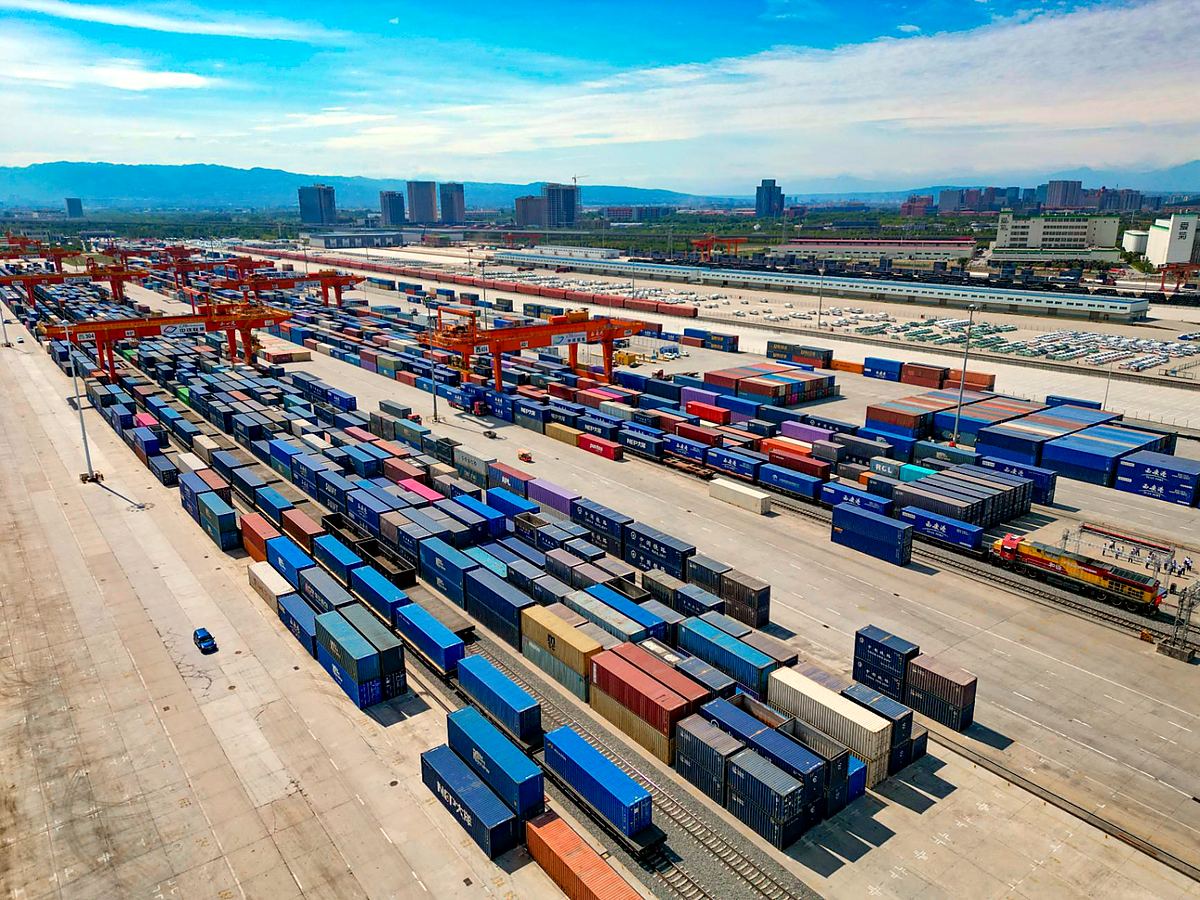 Aerial view of the container yard at Xi'an International Port, where block trains for Central Asia, Baku and Europe are assembled
